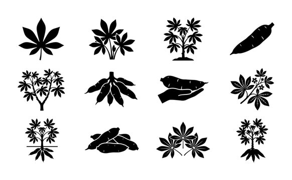 Cassava Plant Icons, Root Vegetable Illustrations, Tropical Food Vector Graphics, Agricultural Harvest Symbols, Botanical Elements