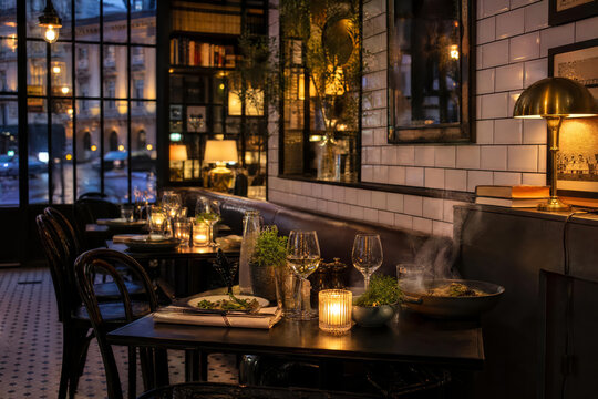 Golden Hour Candlelit Library Bistro With Bright Interiors And Colorful Food