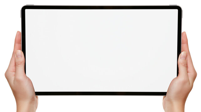 Hands holding modern tablet computer with blank screen