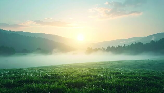 Bright sunrise over foggy green rolling hills and mountains.