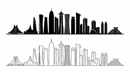 Obraz premium Doha City Skyline Silhouette and Outline Vector Illustration