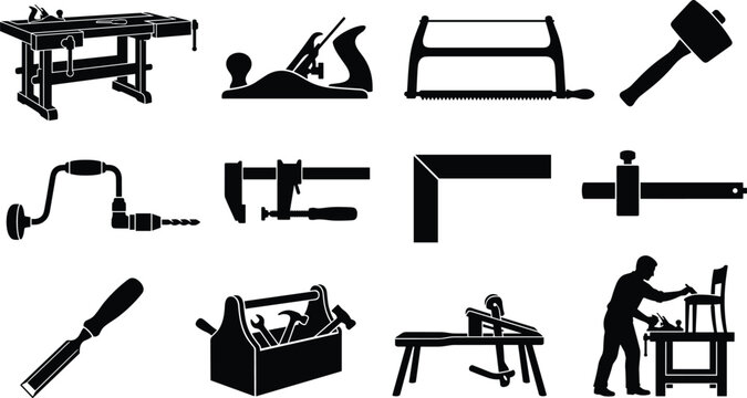 Woodworking Carpentry Tools and Equipment Black Silhouette Vector Icons Set