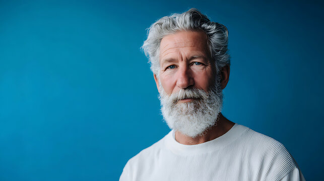 portrait of a distinguished older man with long gray beard and hair looking away against a calm blue studio background