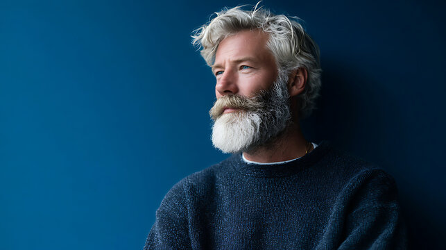 portrait of a distinguished older man with long gray beard and hair looking away against a calm blue studio background
