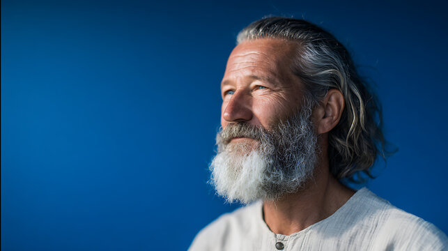 wise senior man with gray beard wearing white shirt posing against a blue background