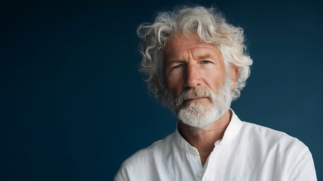 wise senior man with gray beard wearing white shirt posing against a blue background