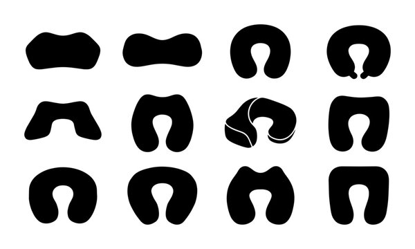 Travel Neck Pillow Icons, Comfortable Support Shapes, Ergonomic Cushion Designs, Vector Set for Journeys