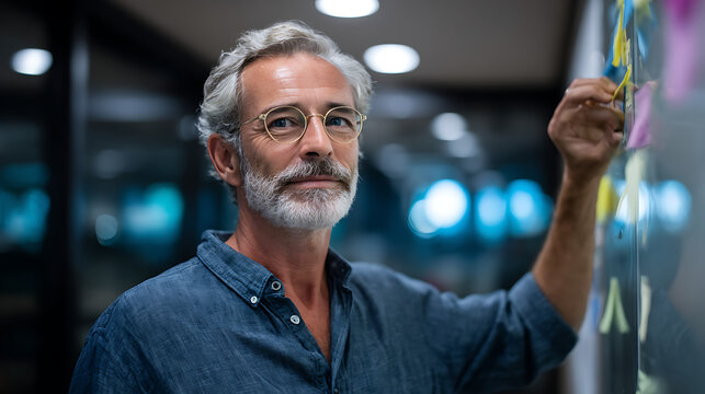confident senior businessman with gray beard and glasses in contemporary office space