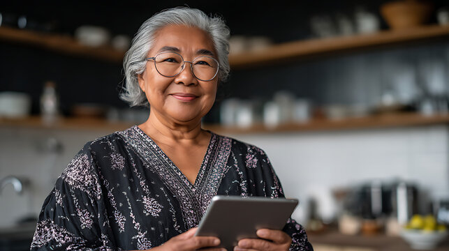 senior woman smiling and browsing tablet computer in stylish kitchen wearing yellow blouse for lifestyle and technology