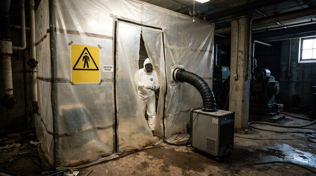 Worker in protective suit exiting an asbestos containment area with caution sign and air scrubber.