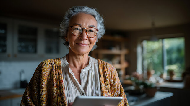 confident mature woman in yellow shirt checking tablet screen while standing in modern kitchen for lifestyle