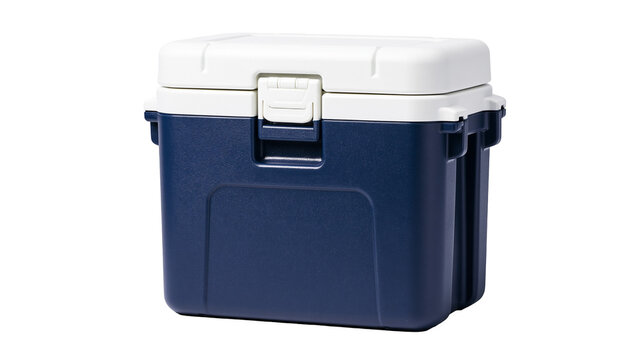 Blue and white plastic cooler box with latch
