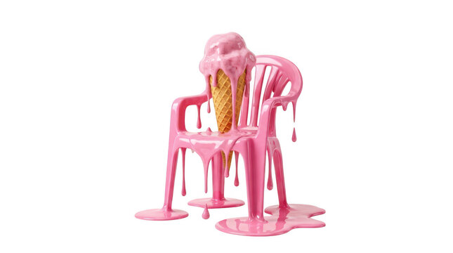 Melting pink ice cream cone on a plastic chair isolated on transparent background
