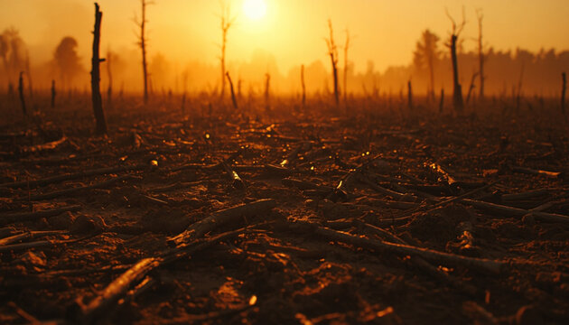 Scorched deforested land with burnt trees at orange sunset
