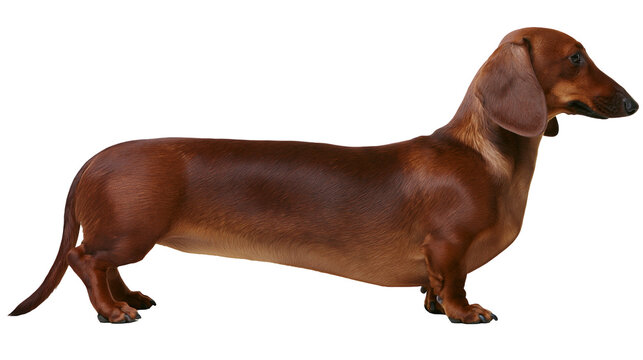 Smooth-haired brown dachshund standing profile view