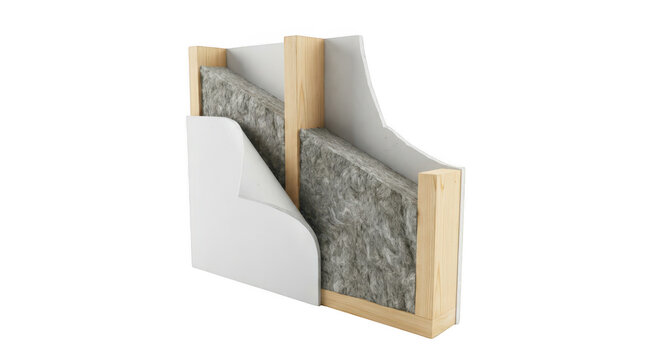 Cross section of a wall showing wooden studs, insulation, and drywall layers isolated on transparent background