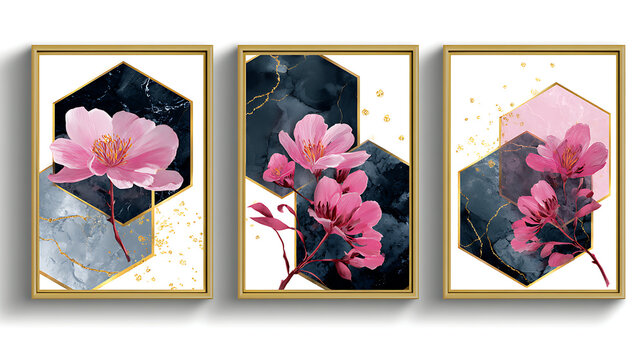 luxurious pink peony floral triptych artwork with gold foil accents in golden frames perfect for premium home decor designs