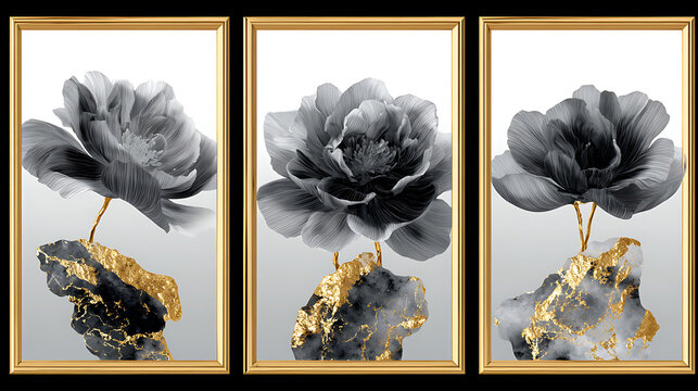 luxurious pink peony floral triptych artwork with gold foil accents in golden frames perfect for premium home decor designs