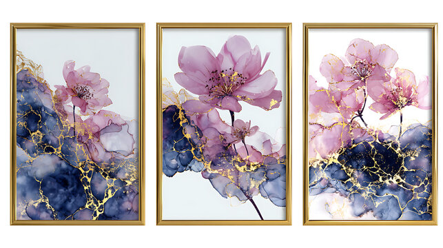 luxurious pink peony floral triptych artwork with gold foil accents in golden frames perfect for premium home decor designs