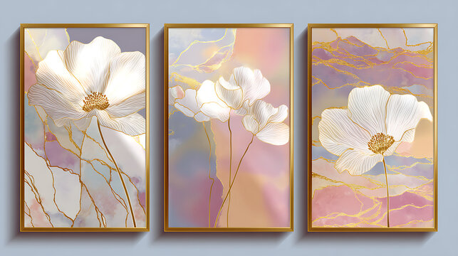 triptych of blooming pink peony flowers with elegant gold frames and golden accents for luxury home decor and wall art design