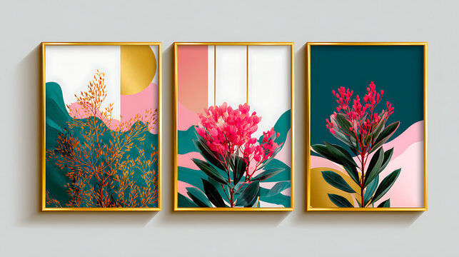triptych of blooming pink peony flowers with elegant gold frames and golden accents for luxury home decor and wall art design