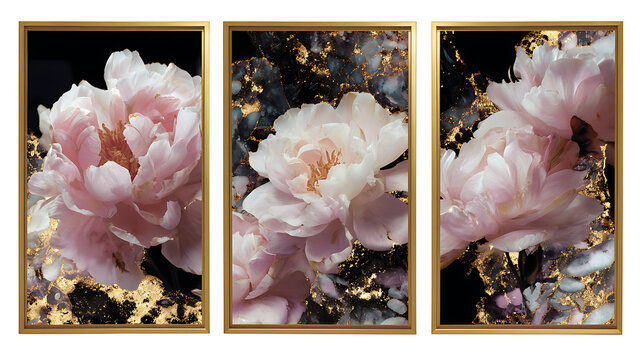triptych of blooming pink peony flowers with elegant gold frames and golden accents for luxury home decor and wall art design