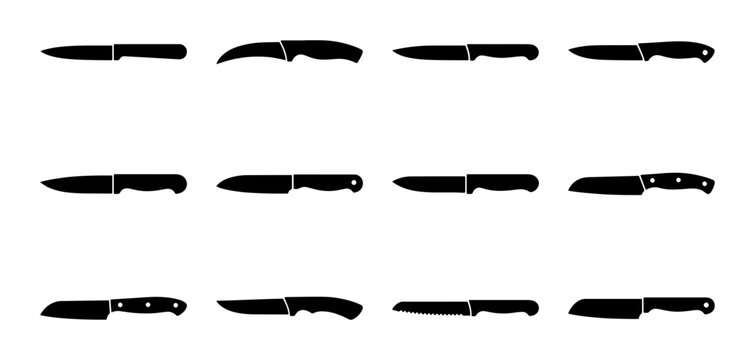 Collection of 12 Black Knife Silhouettes, Kitchen Utensils, Culinary Tools, Chef Knives, Utility Blades, Vector Icons for Food Preparation and Cooking Graphics