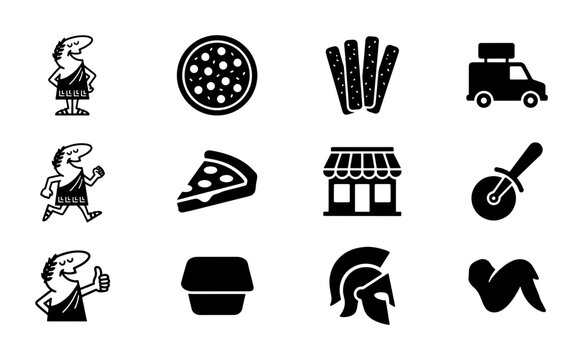 Pizza Delivery Icons Set: Food, Restaurant, Delivery Van, Character, Wings, Roman Helmet, Pizza Slice, Breadsticks, Cutter