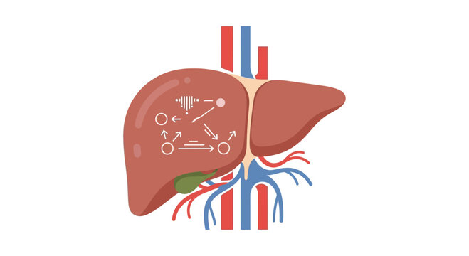 Human Liver Anatomy with Metabolic Pathway Diagram and Blood Vessels