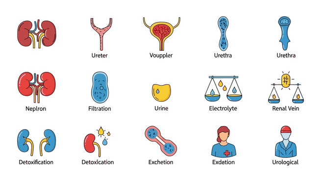 Human Urinary System Anatomy Icons: Kidneys, Bladder, Ureter, Urethra, Nephron, Urine