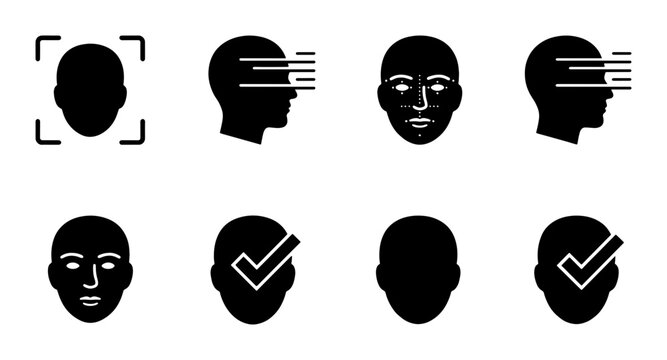 Facial Recognition Icons Set, Biometric Security System, Identity Verification, Face Scan Technology, Data Privacy, Digital Access, Security Checkmark, Silhouette Head Profiles