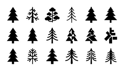 Obraz premium Diverse Pine Tree Icons, Evergreen Forest Silhouettes, Winter Woodland Vector Set, Nature Elements Collection