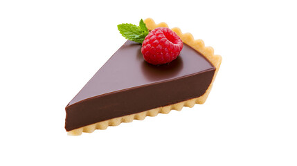 Chocolate tart slice with raspberry and mint leaf © Miguel