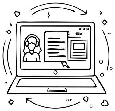 Laptop Online Support Communication Hand-Drawn Illustration: Virtual Assistant Customer Service, Web Chat