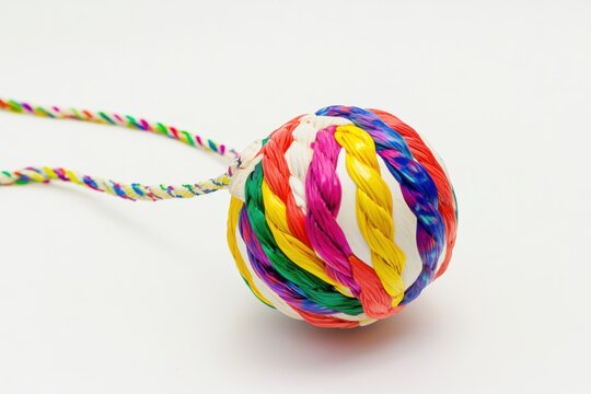 Colorful Tetherball With Braided Rope On White Background