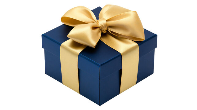 Blue gift box with golden ribbon and bow