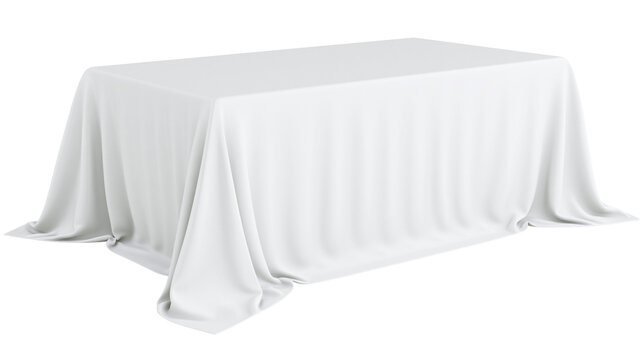 Rectangular table covered with white tablecloth draped elegantly