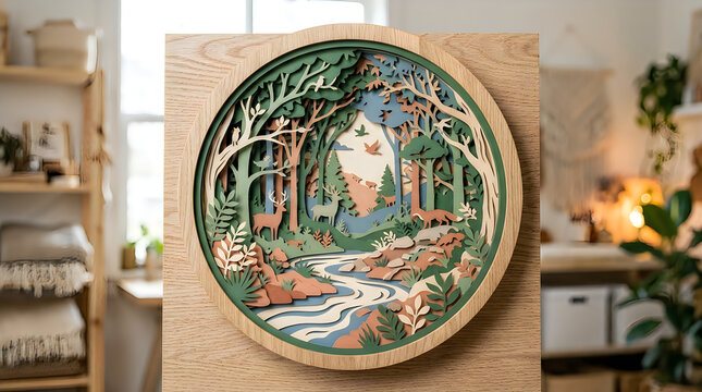 Layered paper cut art circular forest landscape with flowing stream, papercraft