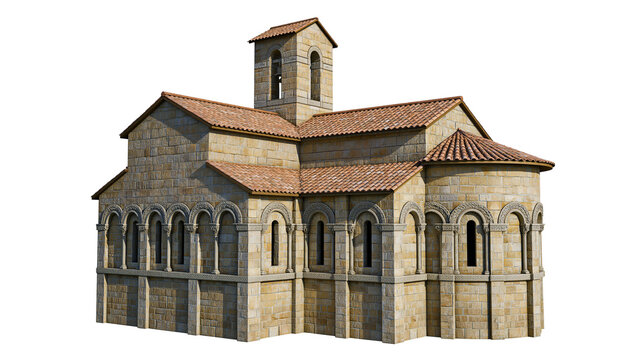 Romanesque church building with stone walls and tiled roof