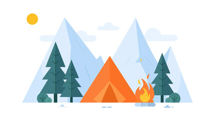 Orange tent with campfire and pine trees in front of mountains © Carmen