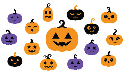 Fototapeta premium Assorted collection of halloween pumpkin characters with different facial expressions in orange, purple, and black on a white background isolated