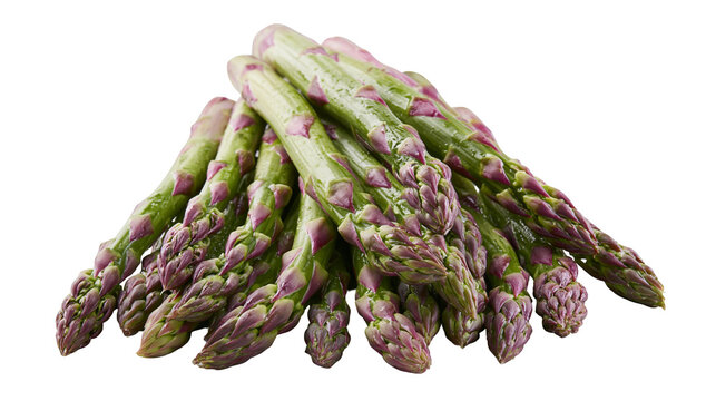 Fresh green asparagus spears with purple tips piled together