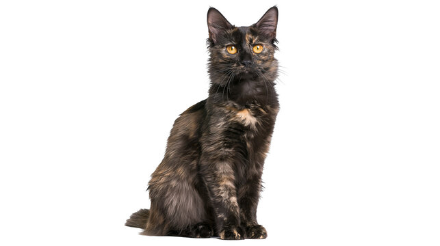 Tortoiseshell cat with amber eyes sitting