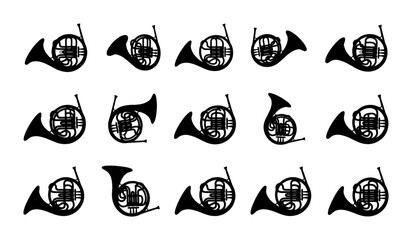 French Horn Vector Icons Collection, Musical Instrument Silhouettes, Brass Orchestra Symbols, Classical Music Performance Elements © Kobir