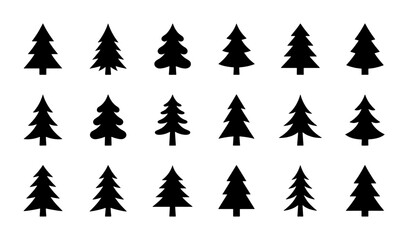 Obraz premium Set of 15 Black Christmas Tree Icons, Simple Evergreen Forest Silhouettes, Winter Holiday Vector Graphics for Seasonal Design