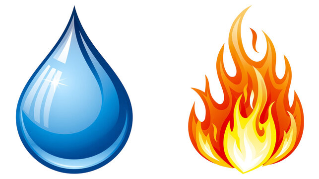 Blue water drop and orange fire flames