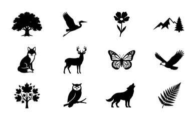 Fototapeta premium Nature Silhouette Icons Set: Wildlife, Flora, Mountains, Trees, and Landscapes for Eco-Friendly Designs