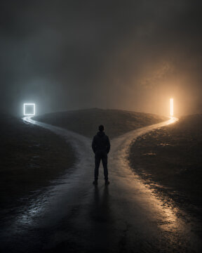 Concept of Choice and Duality with Solitary Person at Crossroads Between Opposing Lights in Foggy Landscape