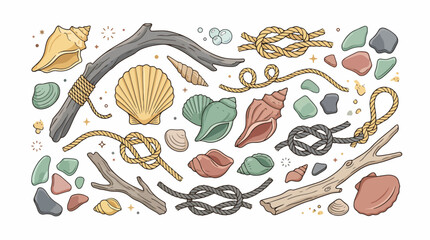 Assorted Seashells and Beach Treasures Illustration. © Masini