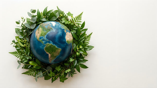 Conceptual model of the earth inside a ring of fresh green leaves with botanical
